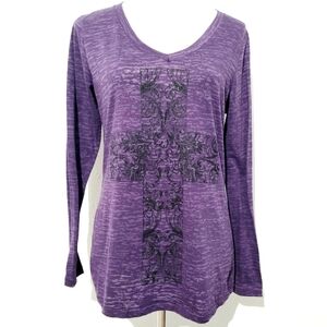VANITY Women's Purple Burnout Long Sleeve Shirt Black Sparkle Cross Size L